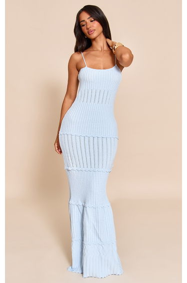 Petite Baby Blue Scalloped Edging Knitted Maxi Dress