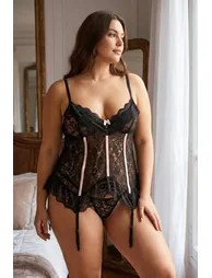 Black gartered capless ruffle panty lace strap babydoll/fancy nightgown