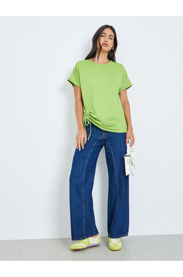 Green Ruched Detail Round Neck T-Shirt