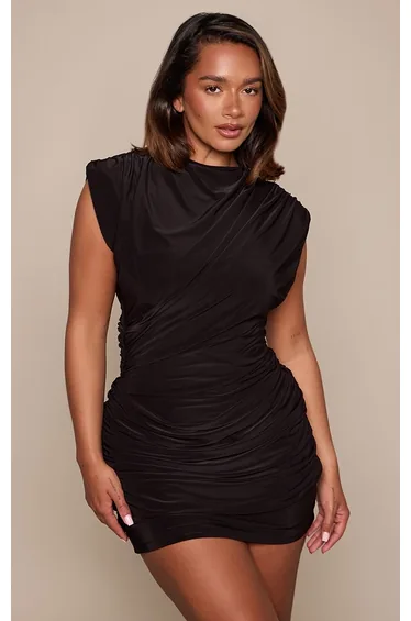 Shape Black Shoulder Pad Slinky Mini Dress