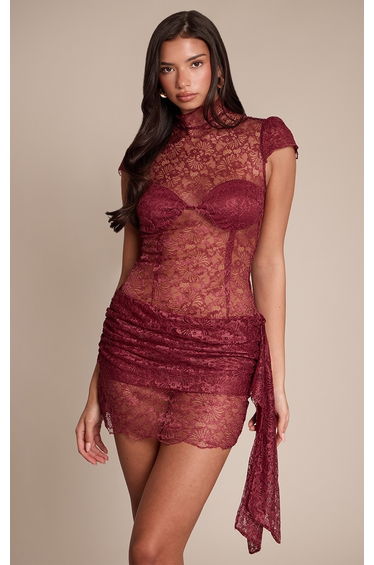 Wine Lace Short Sleeve Wrap Detail Mini Dress