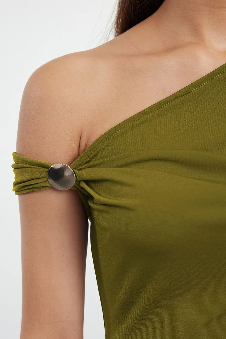 Oil Green Metal Accessory Asymmetric Collar Knitted Blouse - 2