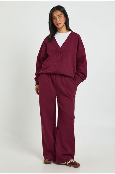 Petite Button Through Cardigan Sweatshirt And Straight Leg Jogger Tracksuit - burgundy