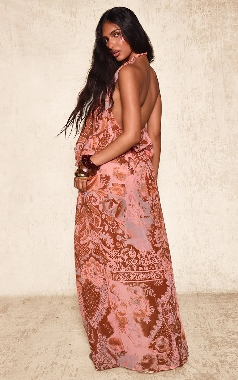 peach chiffon halter dress Women's Peach Chiffon Halter Neck Maxi Dress
