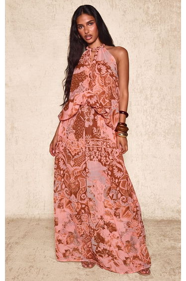 Peach Chiffon Paisley Print Halter Neck Maxi Dress