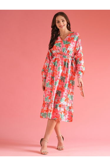 Floral Print Wrap Tie-Up Ruffled Hem Midi Dress