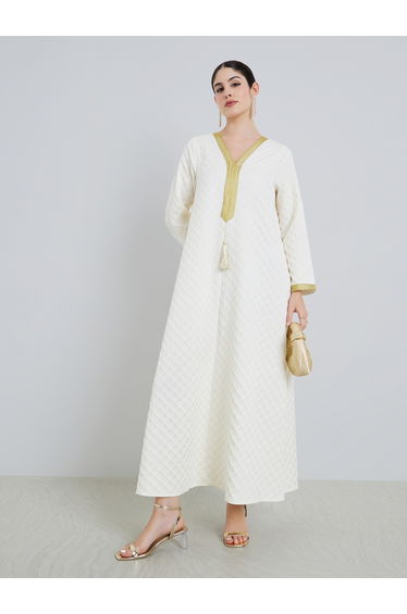 Women Beige Jacquard Jalabiya with Gold Accents