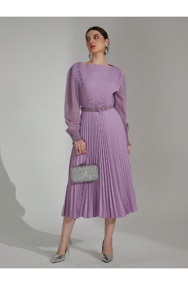 Purple Pleated Midi Dress with Belt