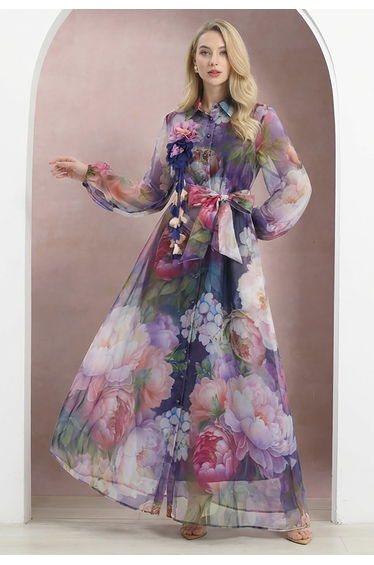 Floral-Kissed Button-Down Organza Maxi Dress with Brooch in Purple for Romantic Retreats & Sunset Dinners