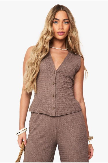 Textured Button Through Sleeveless Top