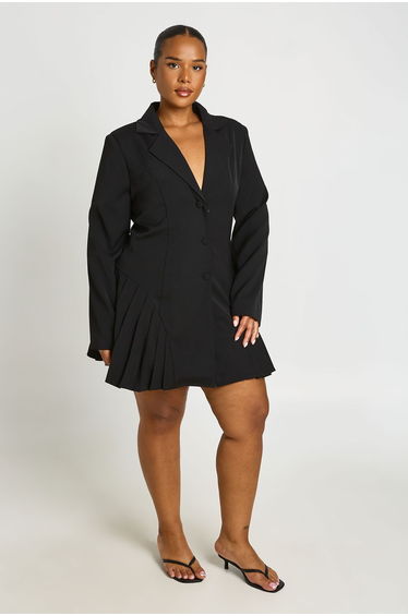 Plus Pleated Skirt Button Down Blazer Dress - black