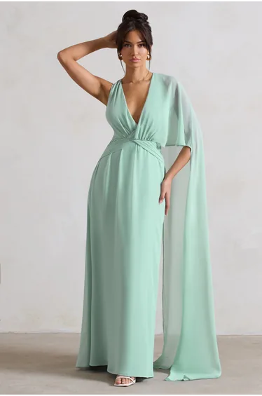 Fairytale | Sage Plunge-Neck Chiffon Maxi Dress With Cape Sleeve