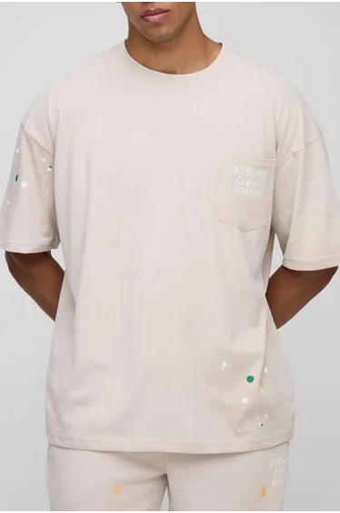 Oversized Atelier Washed Paint Splatter Pocket T-Shirt - stone