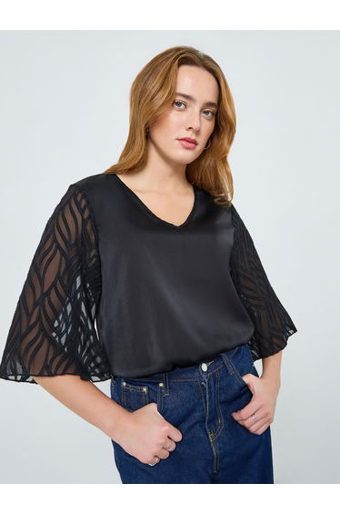 Women Black Butterfly Sleeve Textured Top