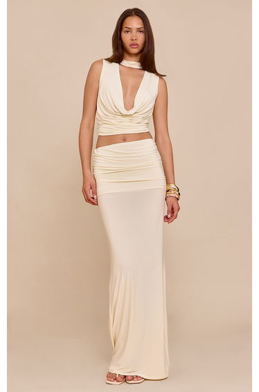 Almond Double Layer Slinky Ruched Waist Maxi Skirt