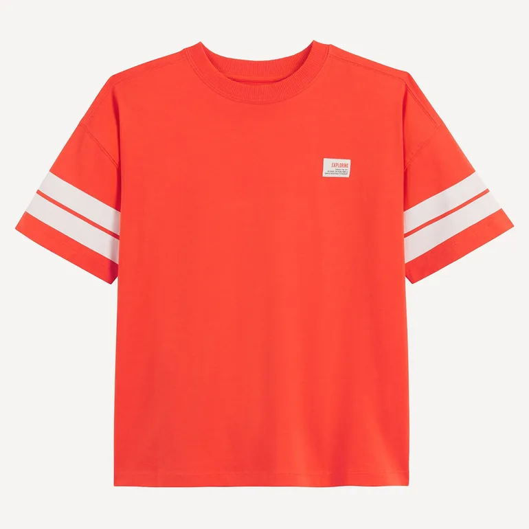 Oversized Crew Neck T-Shirt with Striped Sleeves - 1