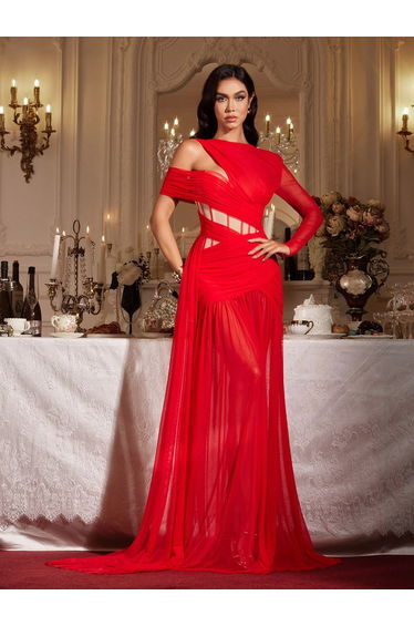 Malati Corset Cutout Mesh Maxi Dress In Red