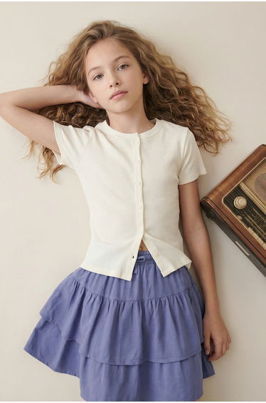 Ecru Girl's Ribbed Knit Button Knitted T-Shirt