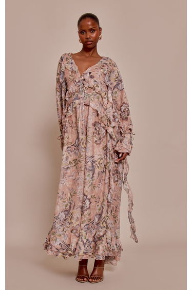 Blush Floral Printed Plunge Extreme Frill Maxi Dress