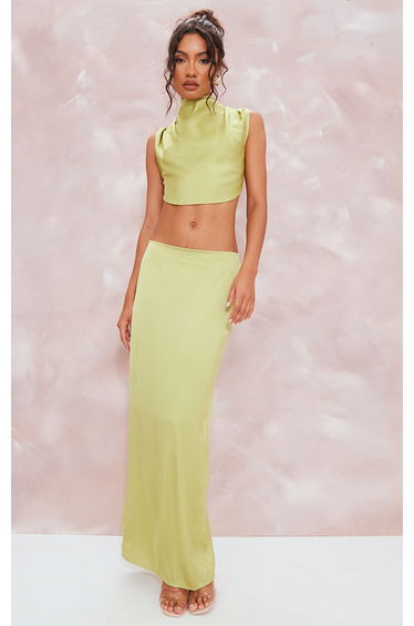 Chartreuse Satin Mid Rise Maxi Skirt