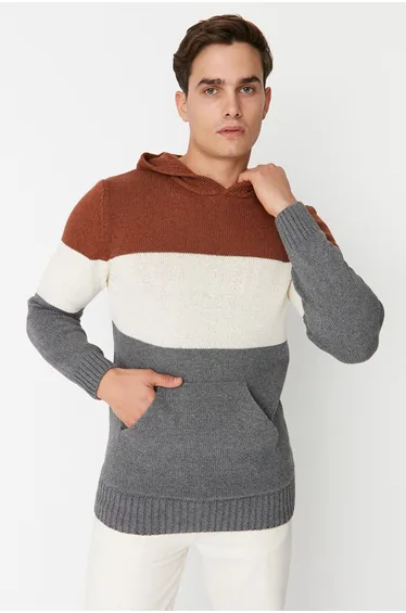 Tile Men's Regular Fit Hooded Color Block Knitwear Sweater