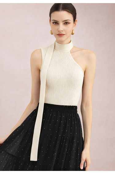 Scarf-Neck Asymmetric Halter Rib Knit Top in Cream for Dinner Dates & Holiday