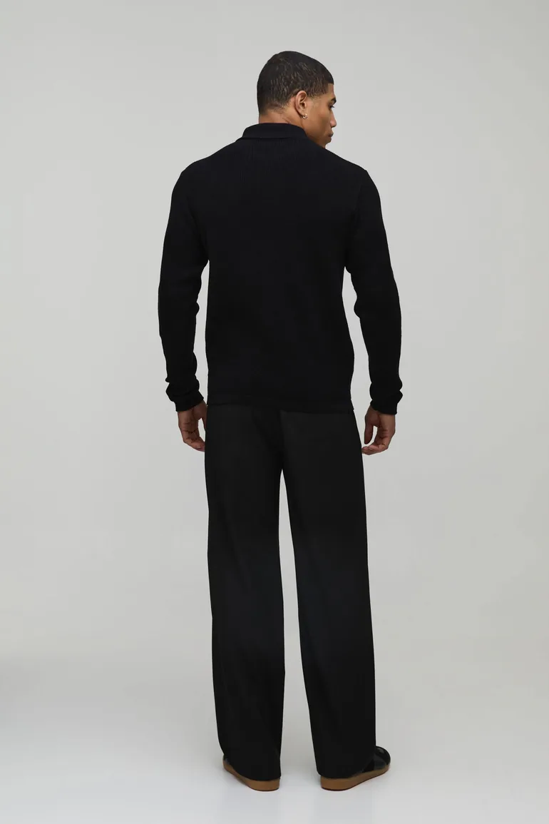 Regular Fit Soft Touch Waffle 1/4 Zip Knitted Polo - black - 1