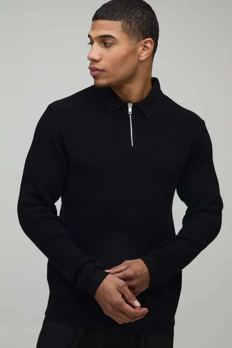 Regular Fit Soft Touch Waffle 1/4 Zip Knitted Polo - black