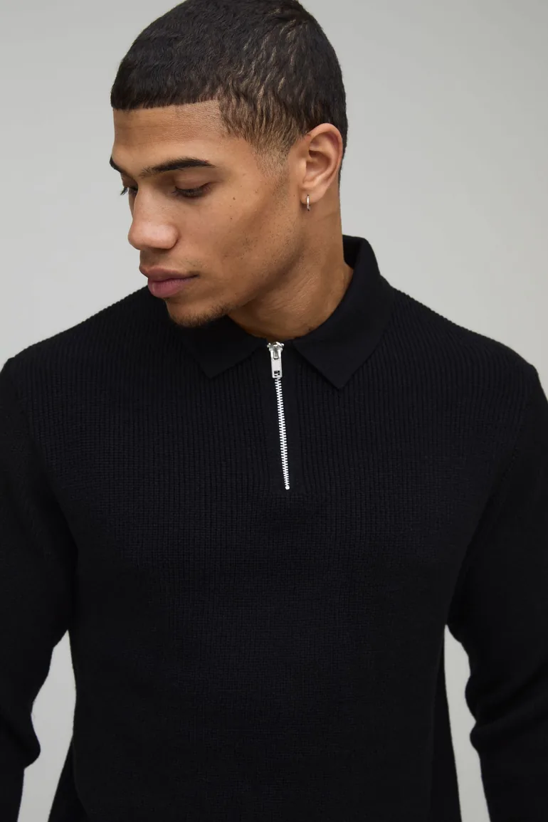 Regular Fit Soft Touch Waffle 1/4 Zip Knitted Polo - black - 2
