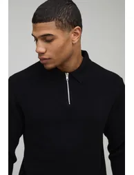 Regular Fit Soft Touch Waffle 1/4 Zip Knitted Polo - black - 2