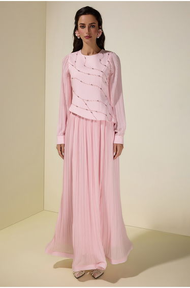 Rhinestone Rivets Pleated Top & Maxi Skirt Set