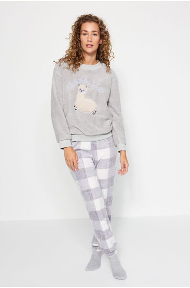 Gray Wellsoft Lama Patterned Winter Knitted Pajama Set