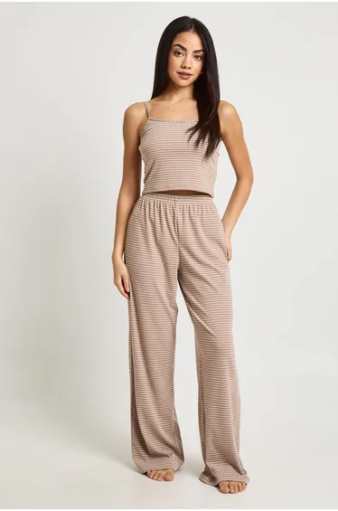 Soft Rib Stripe Cami & Trouser Pyjama Set - mocha