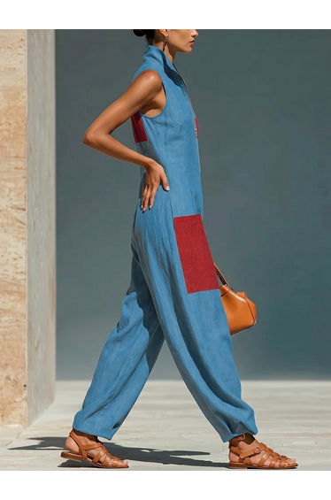 Loose Wide Leg Contrast Color Pockets Lapel Jumpsuits product thumbnail 3