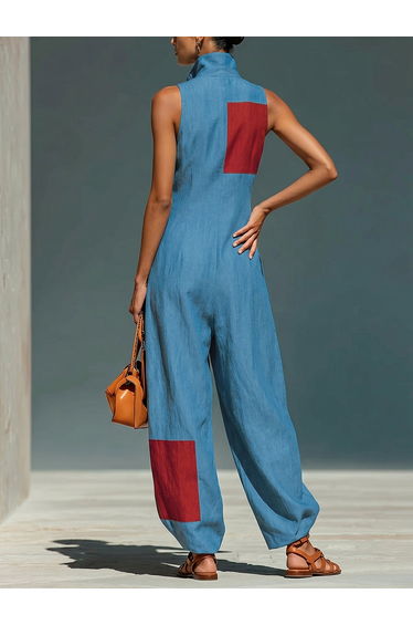 Loose Wide Leg Contrast Color Pockets Lapel Jumpsuits product thumbnail 4