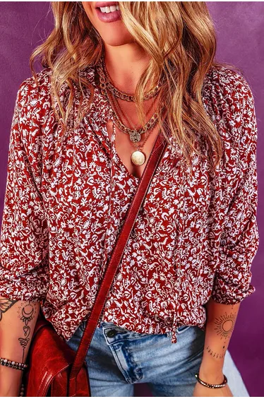 Lvness Burgundy Floral Print Smocked Tie Neck Blouse