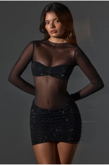 فستان قصير شفاف بشرائح بأكمام طويلة - أسود