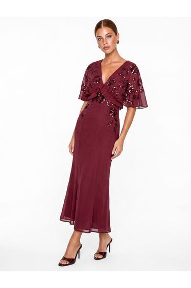 Maya Ruby Floral Embellished Cape Sleeve Midaxi Dress