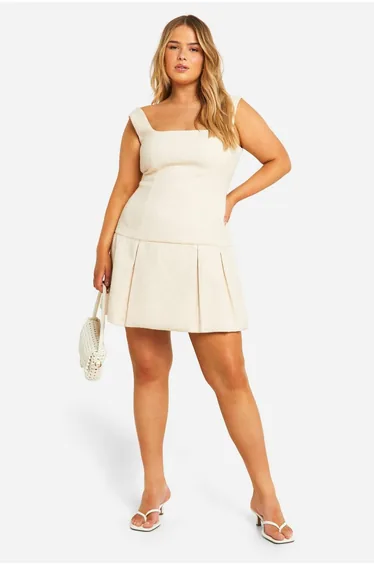 Plus Boucle Mini Pleated Hem Shift Dress
