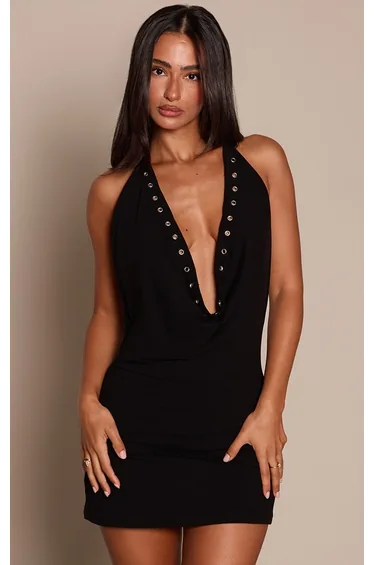 Petite Black Eyelet Cowl Halterneck Mini Dress