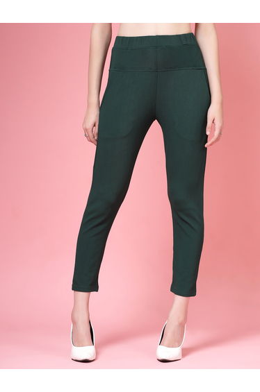 Women Green Solid High-Rise Cropped Skinny Pants