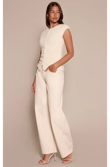 Cream Fluffy Knit Cinched Waist Short Sleeved T Shirt