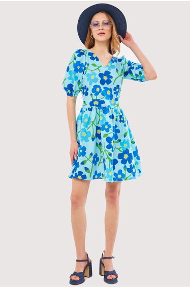 Women's Baby Blue Front Back V Neck Balloon Sleeve Belt Detailed Patterned Mini Dress