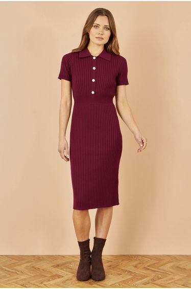 Yumi Burgundy Fitted Rib Knitted Midi Dress With Daisy Buttons