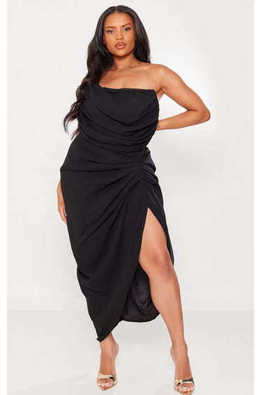 Plus Deep Black Chiffon Corset Bandeau Draped Midi Dress