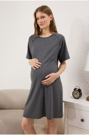 Anthracite Breastfeeding Suitable Knitted Maternity & Postpartum Nightgown