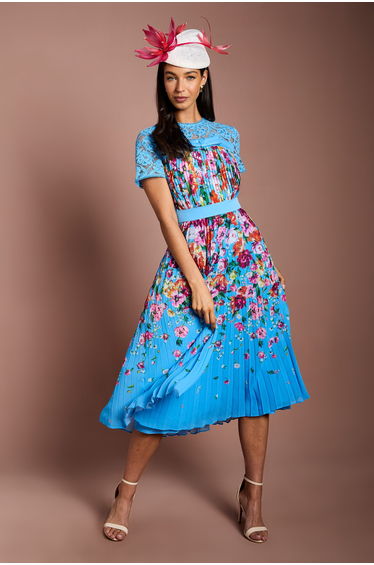 Lisa Tan Lace Printed Pleated Midi Dress