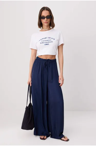 Navy Blue Wide Leg Elastic Waist Slim Satin Trousers