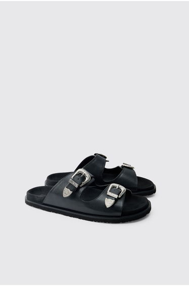 Faux Suede Double Strap Western Buckle Sandal - black