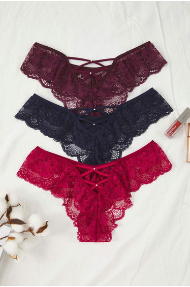 Purple-Multicolored 3-Pack Lace Plain Brazilian Panties